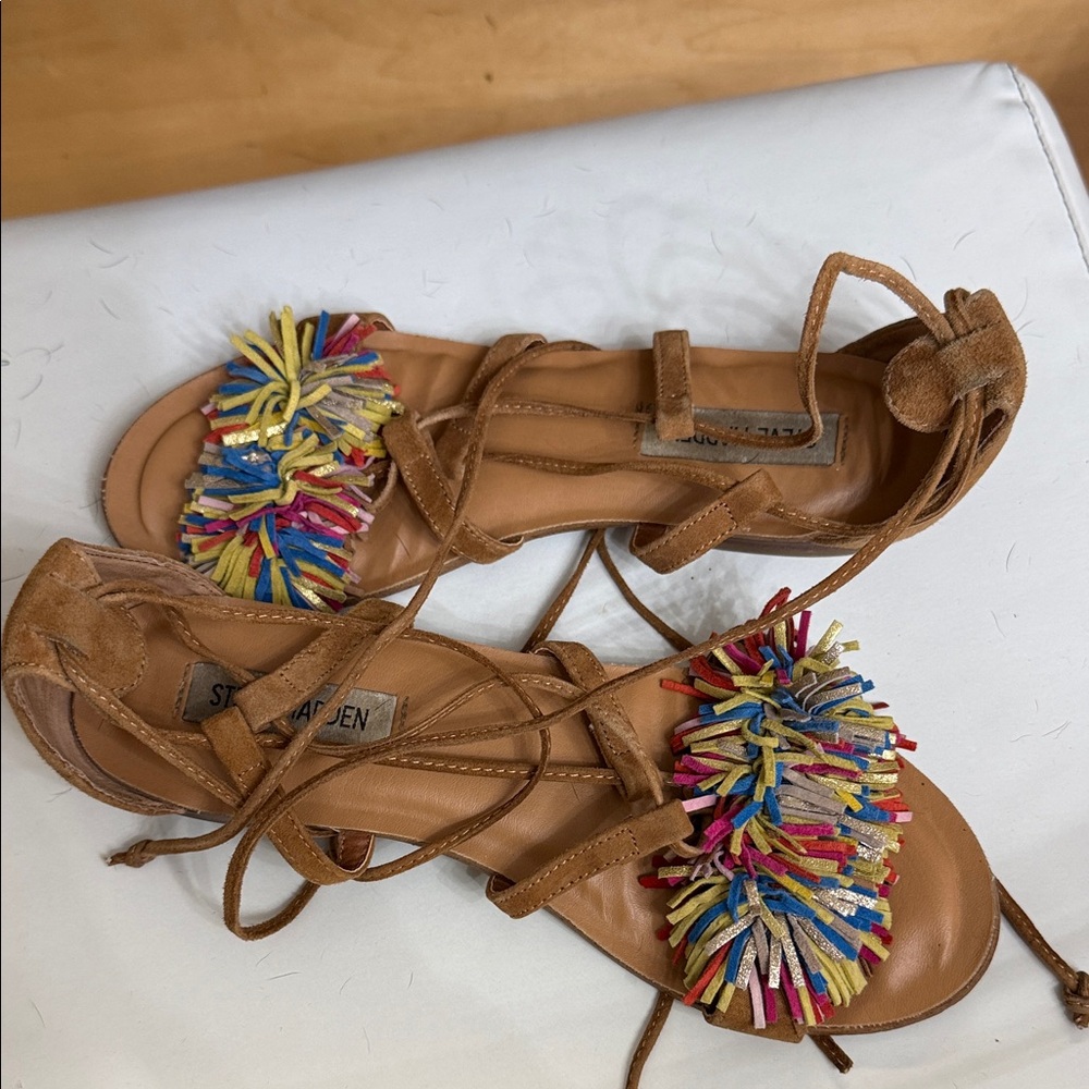 Steve Madden Tan Sandals with Multicolor Fringe